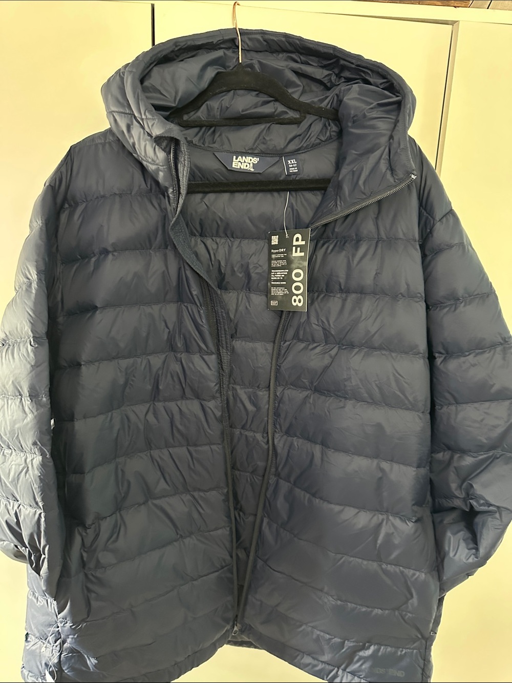 Lands' End Men's Navy Hooded 800-Fill Down PufferHyper Dry.